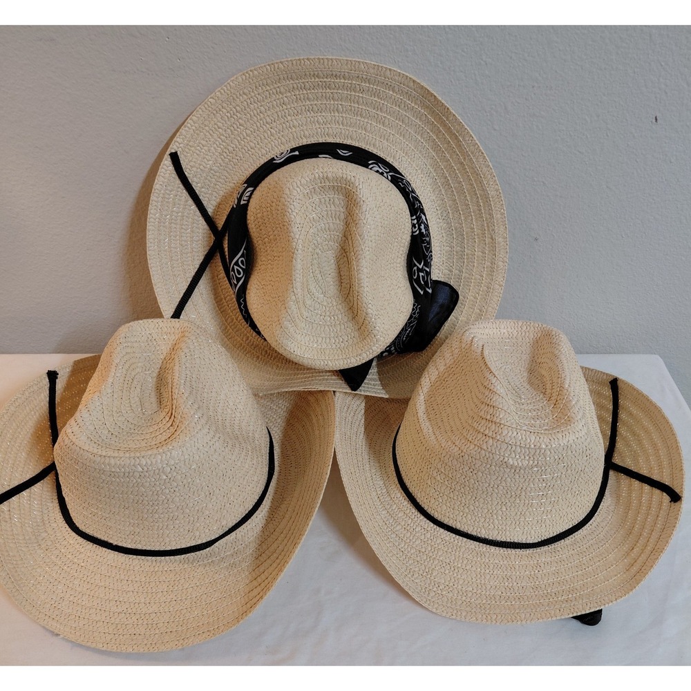 Set of 3 Western Straw Cowboy Hats Wide Brim Sun Hats Adjustable Chin Strap